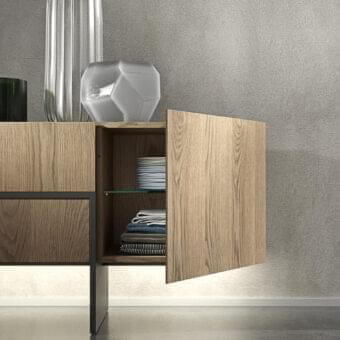 Distinguished Presotto Bridge sideboard with light brown matte wood and a darker frame offering refined lateral doors and jumbo drawers with 3000K LED illumination