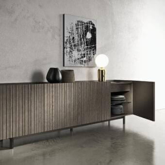 Captivating Presotto Ori sideboard with origami-style wood veneer and a solid metal base crafted in a refined medium-toned brown finish