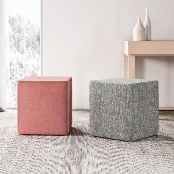 Exceptional Presotto Quadrato ottoman with muted rose textile upholstery and minimalist cubic form