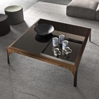 Superior Presotto Relevè coffee table crafted with wood legs and black glass, exhibiting a satin finish