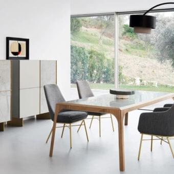 Distinguished Presotto Relevè table with dark oak wood frame and light gray back lacquered glass top crafted in Italy