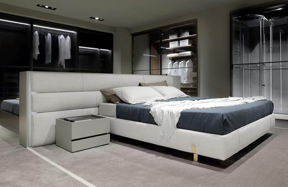 Distinguished Presotto Sibari nightstand with stacked rectangular components in light grey matt lacquer offering refined style