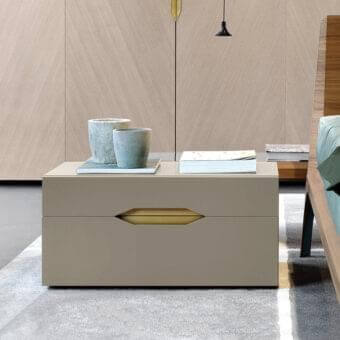 Refined Presotto Sigma nightstand with wood veneer and recessed handle in muted taupe matte lacquer, accented with brass-toned metallic drawer pull
