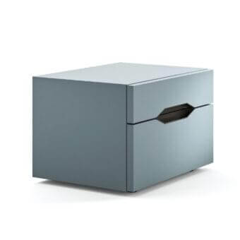 Elegant Presotto Sigma nightstand with muted gray-blue matt lacquer and horizontally-oriented darker handle