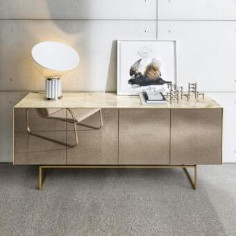 Superior Sovet Italia Magda sideboard with matte taupe finish and burnished metal base construction