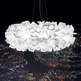 Distinguished Slamp Clizia suspension lamp in white Opalflex® with woven squares and graceful cables