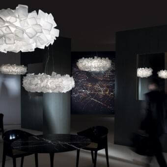 Superior Slamp Clizia suspension lamp crafted in white Opalflex® with an intricate weave of interlocking geometric shapes