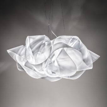Superior Slamp Fabula suspension lamp crafted in white iridescent Lentiflex® with a matte finish