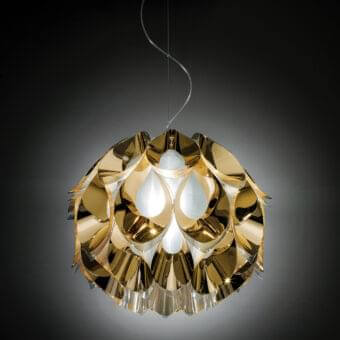 Exclusive Slamp Flora lamp suspension with sixty petal-like segments surrounding a satin sphere in vaporized aluminum with glossy gold finish