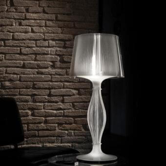 Superior Slamp Liza table lamp with translucent techno-polymer shade and base exhibiting ribbed detailing