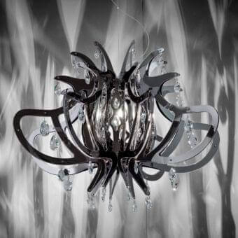 Distinguished Slamp Medusa suspension lamp with floral form crafted in technopolymers and dark-toned metal with glossy finish adorned with Swarovski® crystals