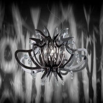 Elegant Slamp Medusa suspension lamp in crystal-like technopolymers with dark chrome-like metal and glossy finish