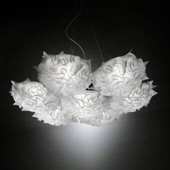 Exceptional Slamp Veli 7 suspension lamp crafted in white Opalflex® with a matte finish and interwoven petal-like elements