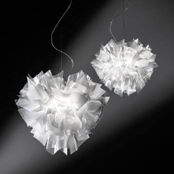 Elegant Slamp Veli suspension lamp crafted in bright white translucent Opalflex® with a glossy finish and silver-toned metal cable