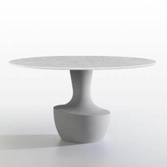 Elegant Potocco Anfora table with a sculptural marble base supporting a thin round tabletop and light gray finish