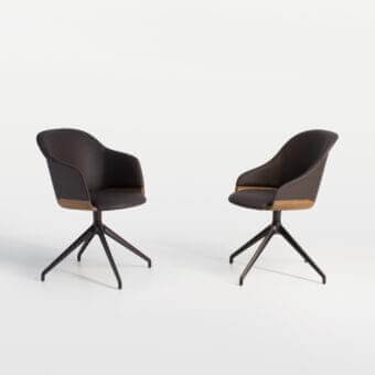 Superior Potocco Lyz chair with sinuous lines and dark brown textile upholstery complemented by medium-toned wood accents built with a four-star swivel base