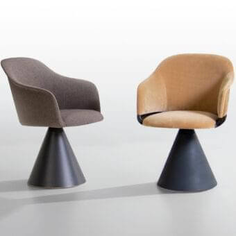 Distinguished Potocco Lyz chair with sinuous silhouette and swivel cone base upholstered in rich brown textile with dark matte finish