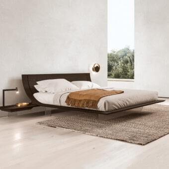 Elegant Presotto Aqua bed with curved multi-plywood frame and dark brown satin finish offering integrated shelving with metallic accents