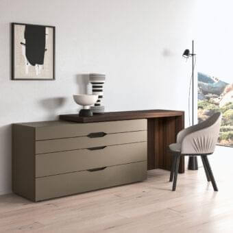 Distinguished Presotto Sigma dresser with taupe matte lacquer and darker wood veneer, exhibiting a minimalist design with recessed pulls