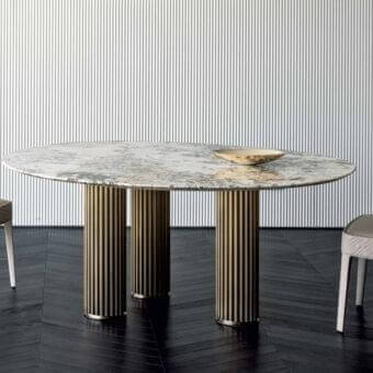 Distinctive Rugiano Liberty table with gray, cream, and beige marbled top and bronze finished aluminum extrusions