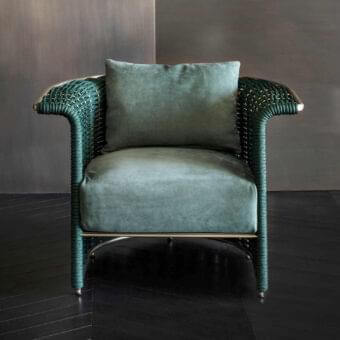 Captivating Rugiano Marina lounge chair expertly hand-braided with muted teal velvet rope and satin gold metal structure