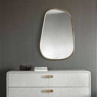Elegant Rugiano Montecarlo mirror with uniquely shaped bronze frame and glossy reflective glass surface