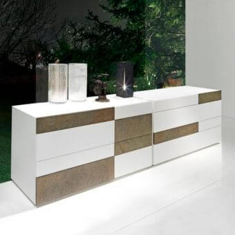 Superior Presotto Wing dresser with wood particleboard structure and MDF drawers in matt lacquered white and textured brownish wood finish