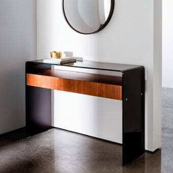 Distinguished Sovet Italia Bridge Drawer Console with bent glass tabletop and warm brown glossy wood grain finish