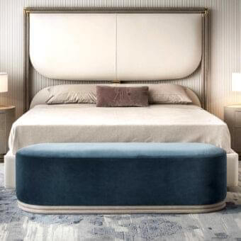 Lavish Rugiano Boheme bench crafted in plush matte velvet textile with a teal blue hue and subtly contrasting trim