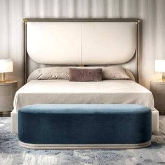 Superior Rugiano Boheme bench with deep blue velvet upholstery and refined smooth leather covered metal base