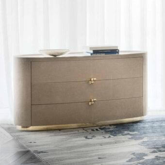 Elegant Rugiano Boheme dresser with textured matte beige synthetic drawers and satin-finish metal handles