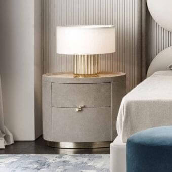 Exclusive Rugiano Boheme nightstand with muted gray textured upholstery and polished metallic base crafted in a contemporary aesthetic