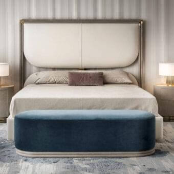 Superior Rugiano Boheme nightstand with cylindrical form, light gray textured leather and glossy brass detailing