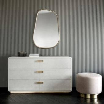 Superior Rugiano Club dresser with leather upholstery and brushed brass drawer pulls in pale beige matte finish