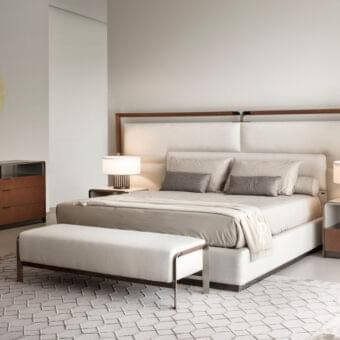 Distinguished Rugiano Grace bed with upholstered headboard crafted in smooth leather and refined bronze details