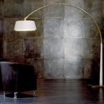 Elegant Rugiano Joanne floor lamp with warm brass metal structure and quilted white textile lampshade crafted in Italy