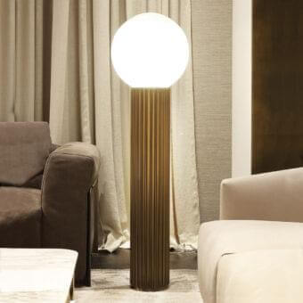 Exceptional Rugiano Liberty floor lamp with aluminum base and white glass lampshade in brushed gold finish