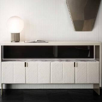 Superior Rugiano Liberty table lamp with black chrome finish and elegant white glass shade