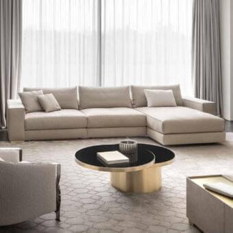 Superior Rugiano Nautilus sectional with woven fabric upholstery and brushed brass metal base