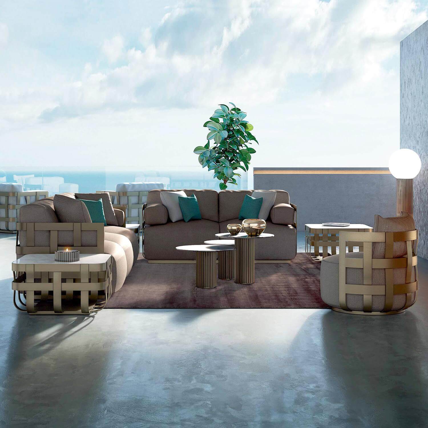 Outdoor sofa set with beige upholstery, teal cushions, brass side tables, woven chairs, and a white floor lamp on concrete flooring.