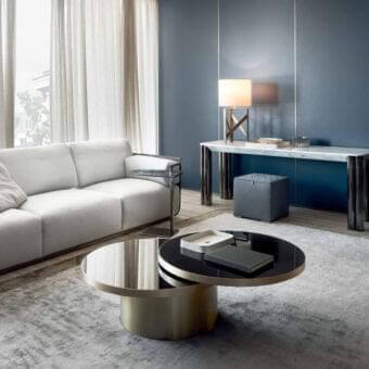 Innovative Rugiano Space coffee table with overlapping black glass tops and satin brass base crafted with a coordinating box and tray
