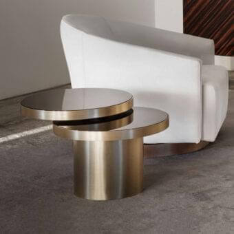 Superior Rugiano Space side table with satin brass base and overlapping movable black glass tops