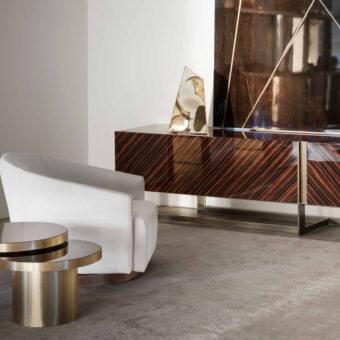Superior Rugiano Space side table with movable black glass tops and satin brass base crafted in Italy