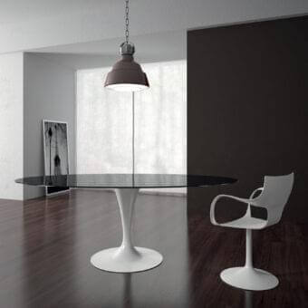 Distinguished Sovet Italia Flute round table with a lacquered metal base and striking black glass top