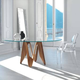 Superior Sovet Italia Lambda table with sculpted Canaletto walnut wood base and smooth satin finish clear tempered glass top