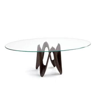Superior Sovet Italia Lambda table with clear tempered glass and swirling Canaletto walnut wood base in dark brown finish