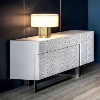 Superior Rugiano Blade sideboard with leather doors, matelassé embroidery, and brushed metal base details
