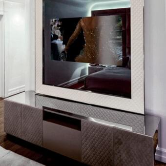 Exclusive Rugiano Boston sideboard with quilted textile-like material and contrasting glossy framing in a muted gray-brown tone