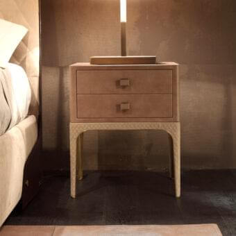 Distinguished Rugiano Charlie nightstand with textured leather and matelassé embroidery, built with polished golden metal accents