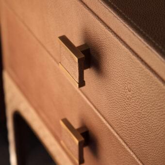 Exceptional Rugiano Charlie nightstand with supple leather and matelassé embroidery in warm tan or brown with bronze finish